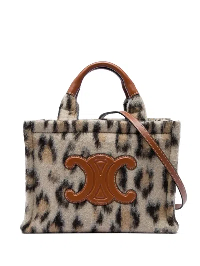 Pre-owned Celine 2023 Small Leopard Print Felt Cuir Triomphe Cabas Thais Satchel In Neutrals