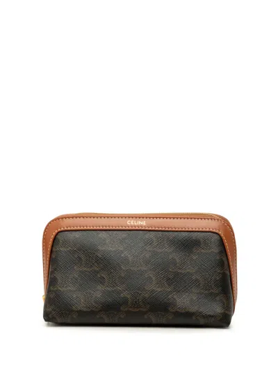 Pre-owned Celine 2023 Small Triomphe Coated Canvas And Calfskin Cosmetic Pouch In Brown