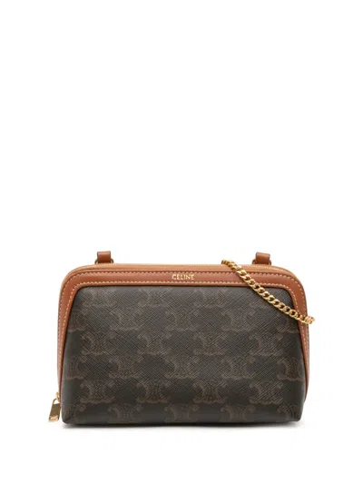 Pre-owned Celine 2023 Triomphe Coated Canvas Clutch On Chain Crossbody Bag In Brown