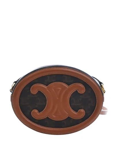 Pre-owned Celine 2023 Triomphe Coated Canvas Cuir Triomphe Oval Crossbody Bag In Brown