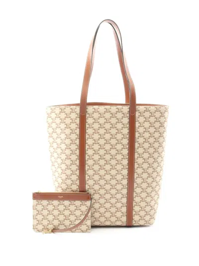 Pre-owned Celine 2023 Triomphe Coated Canvas Museum Tall Shopper Tote Bag In Neutral