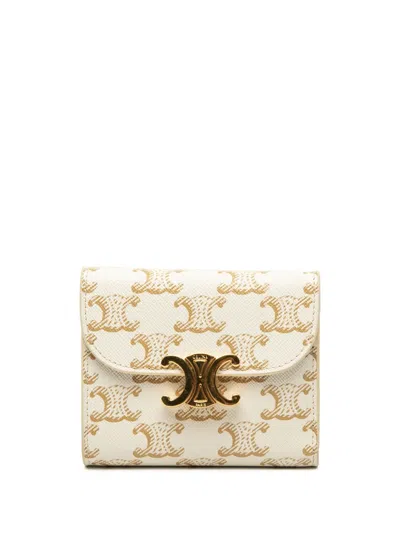 Pre-owned Celine 2023 Triomphe Coated Canvas Triomphe Trifold Wallet Small Wallets In White
