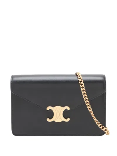 Pre-owned Celine 2023-2026 Shiny Calfskin Triomphe Margo Wallet On Chain Crossbody Bag In Black