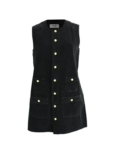 Pre-owned Celine 2024 Buttoned Velvet Mini Dress In Black