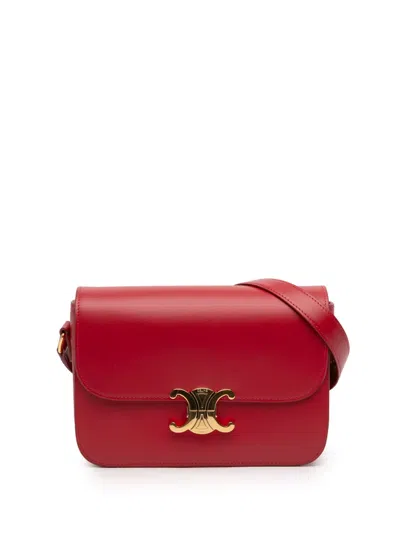 Pre-owned Celine 2024 Classique Shiny Calfskin Triomphe Crossbody Bag In Red
