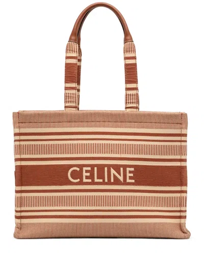 Pre-owned Celine 2024 Large Striped Canvas Cabas Thais Tote Bag In Neutral
