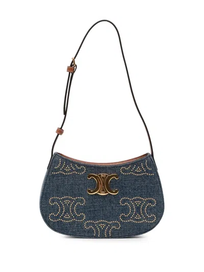 Pre-owned Celine 2024 Medium Triomphe Studded Denim Tilly Shoulder Bag In Blue