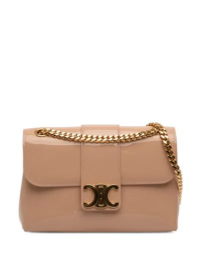 Pre-owned Celine 2024 Teen Patent Triomphe Victoire Chain Shoulder Bag In Brown