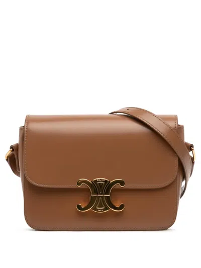 Pre-owned Celine 2024 Teen Shiny Calfskin Triomphe Crossbody Bag In Brown