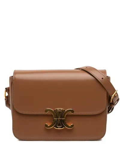 Pre-owned Celine 2024 Teen Shiny Calfskin Triomphe Crossbody Bag In Brown