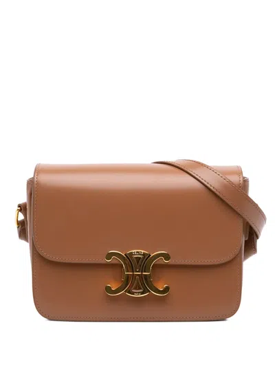 Pre-owned Celine 2024 Teen Shiny Calfskin Triomphe Crossbody Bag In Brown