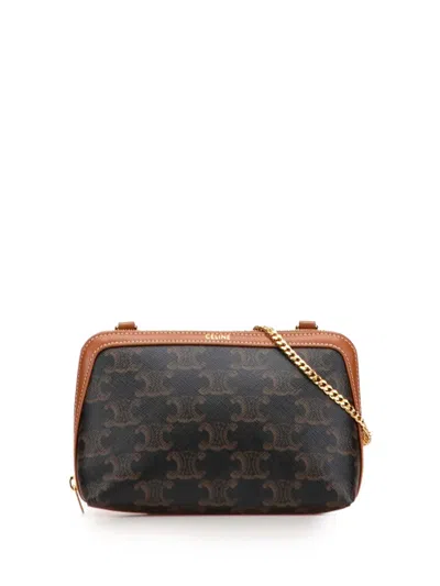 Pre-owned Celine 2024 Triomphe Coated Canvas Clutch On Chain Crossbody Bag In Brown