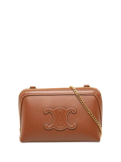 Pre-owned Celine 2025 Smooth Calfskin Cuir Triomphe Clutch On Chain Crossbody Bag In Brown