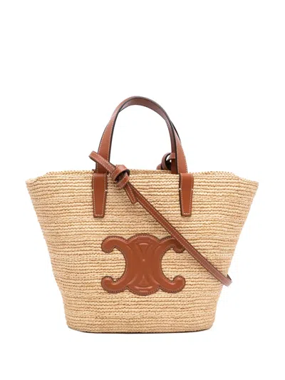Pre-owned Celine 2025 Teen Supple Raffia Cuir Triomphe Classic Panier Tote Satchel In Neutrals
