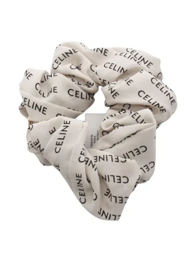 Pre-owned Celine 20s Triomphe Silk Scrunchie In White