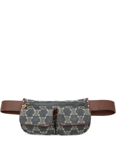Pre-owned Celine 20th Century Macadam Denim Double Pocket Belt Bag In Blue