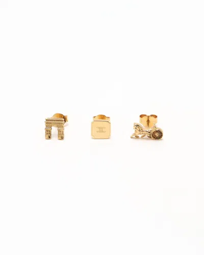 Celine Céline 3-piece Set, Horse Carriage, Triomphe And Logo Earrings In Gold