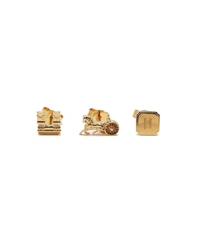 Pre-owned Celine Céline 3-piece Set, Horse Carriage, Triomphe And Logo Earrings In Gold