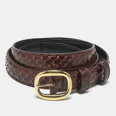 Pre-owned Celine 90 Cm Slim Buckle Belt Brown Python