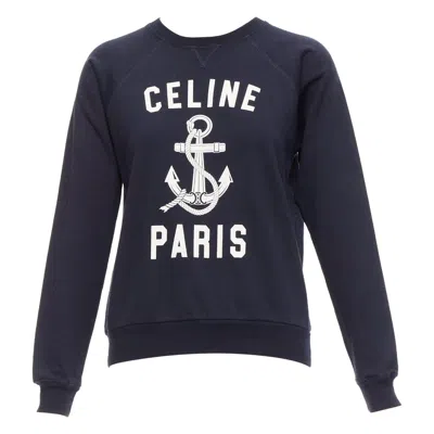 Pre-owned Celine Anchor Navy Cotton Cashmere Logo Print Crew Long Sleeve Sweatshirt Xs In Blue