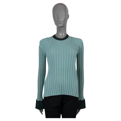 Pre-owned Celine Aqua & Bottle Green Wool 2015 Bell Sleeve Rib-knit Sweater S