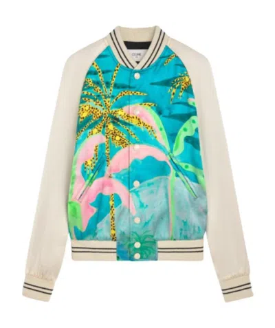 Celine Teddy Jacket Souvenir In Satin With Artist Print In Nude