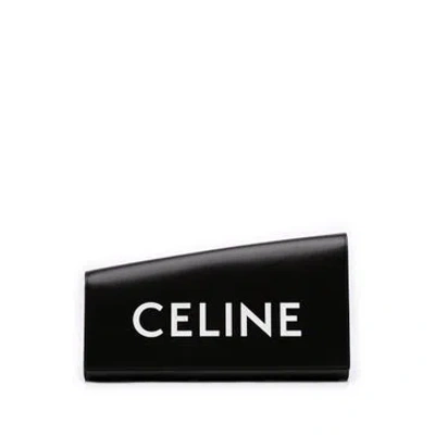 Pre-owned Celine Asymmetric Calfskin Leather Logo Clutch In Black