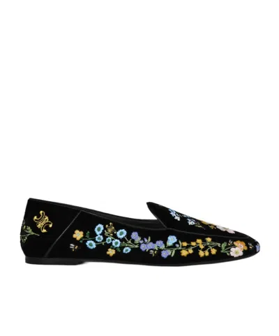 Celine Aura Loafer In Flowers Embroidered Velvet In Black