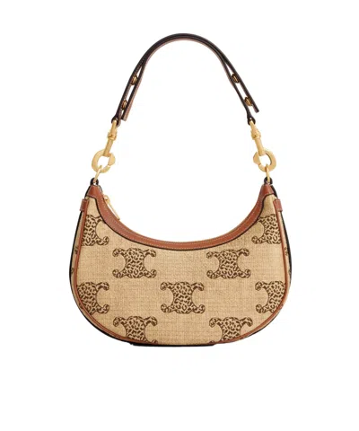 CELINE MEDIUM AVA STRAP BAG IN RAFFIA EFFECT TEXTILE WITH LEOPARD TRIOMPHE