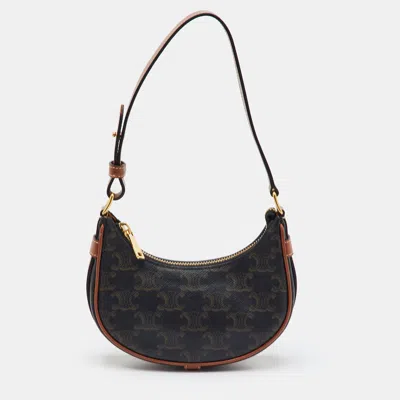 Pre-owned Celine Ava Mini Dark Brown/tan Triomphe Coated Canvas And Leather Hobo