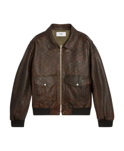Celine Aviator Blouson Jacket In Embossed Lambskin In Brown
