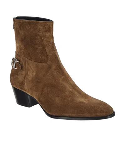 Celine Back Buckle Zipped Isaac Boot In Suede Calfskin In Brown