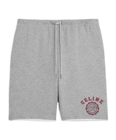 Celine Straight-leg Logo-flocked Cotton-jersey Drawstring Shorts In Gray