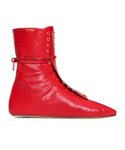 Celine Ballet High - Lace-up Boot In Lambskin In Red