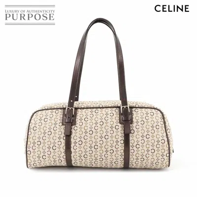 Pre-owned Celine Beige Brown Canvas Leather Boston Bag Handbag () In Multi