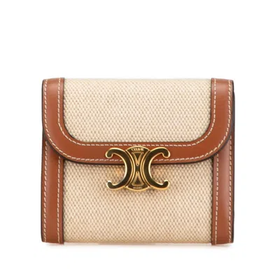 Pre-owned Celine Beige Brown Canvas Leather Wallet (tri-fold) ()