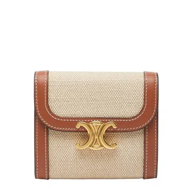 Pre-owned Celine Beige Brown Canvas Leather Wallet (tri-fold) () In Multi