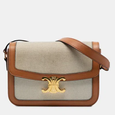 Pre-owned Celine Beige Brown Classique Canvas And Calfskin Triomphe Crossbody In Sand