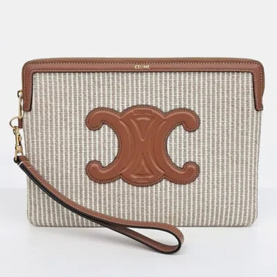 Pre-owned Celine Beige Brown Fabric And Leather Triumph Clutch In Sand