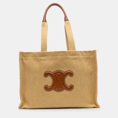 Pre-owned Celine Beige Brown Large Raffia Cuir Triomphe Cabas Thais Tote In Sand