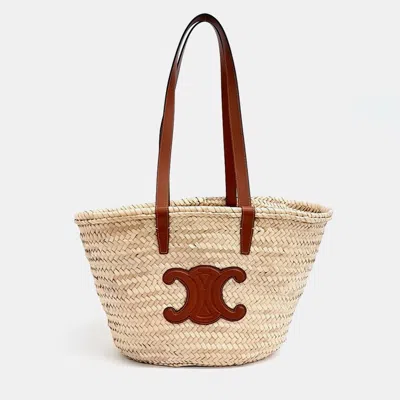 Pre-owned Celine Beige Brown Leather And Raffia Triumph Pannier Shoulder Bag Medium In Sand