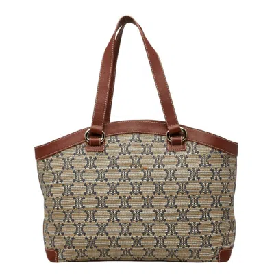 Pre-owned Celine Beige Brown Leather Canvas Shoulder Bag Tote Bag () In Beige, Brown