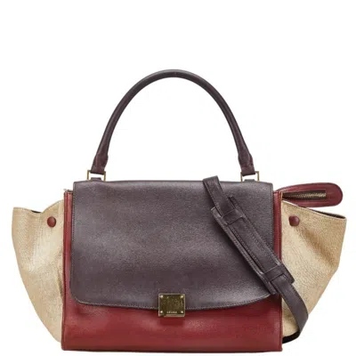 Pre-owned Celine Beige Brown Red Color Leather Canvas Handbag Shoulder Bag ()