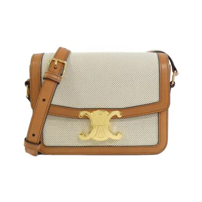 Pre-owned Celine Beige Brown White Canvas Leather Shoulder Bag () In Beige, Brown, White