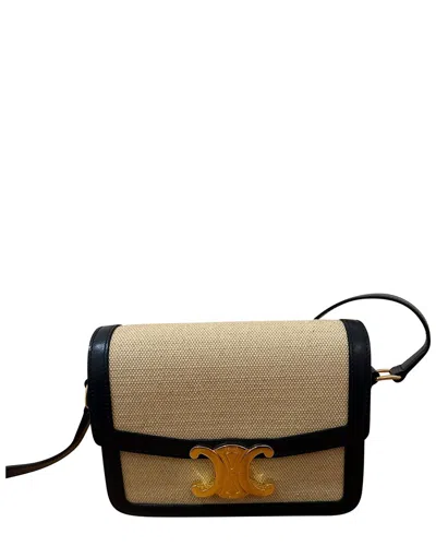 Celine Beige Canvas And Black Calfskin Leather Teen Triomphe Shoulder Bag  (authentic Pre-loved)
