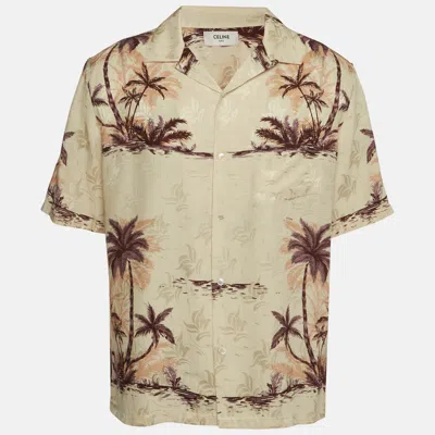 Pre-owned Celine Beige Hawaiian Palm Tree Print Silk Bowling Shirt L