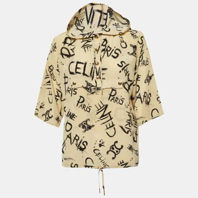 Pre-owned Celine Beige Logo Scribble Print Silk Hooded Blouse S