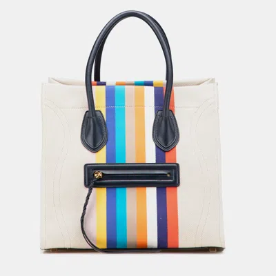 Pre-owned Celine Beige Medium Striped Canvas Phantom Luggage Tote In Sand