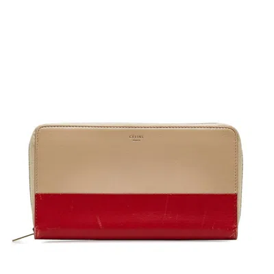 Pre-owned Celine Beige Red Color Leather Long Wallet (bi-fold) ()