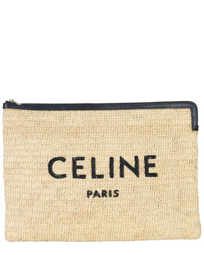 Celine Beige Straw/raffia Sequin Logo Clutch (authentic Pre-loved) In Neutral